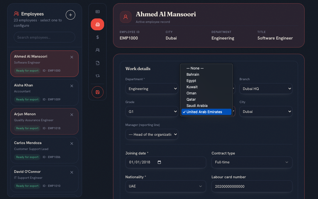 lvlst work-details form with country dropdown showing Bahrain, Egypt, KSA, Kuwait, Oman, Qatar, Saudi Arabia, United Arab Emirates