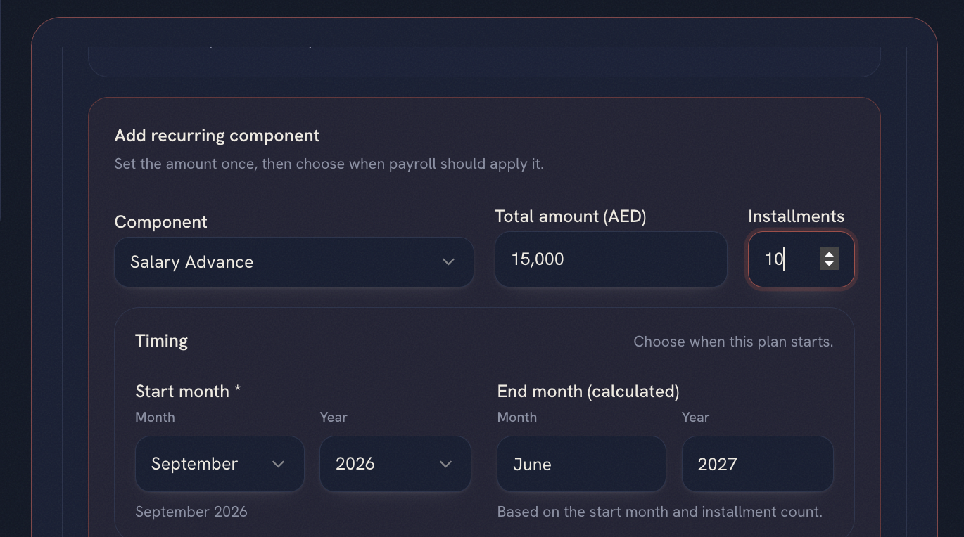 lvlst recurring component setup showing a Salary Advance of AED 15,000 across 10 installments with timing controls
