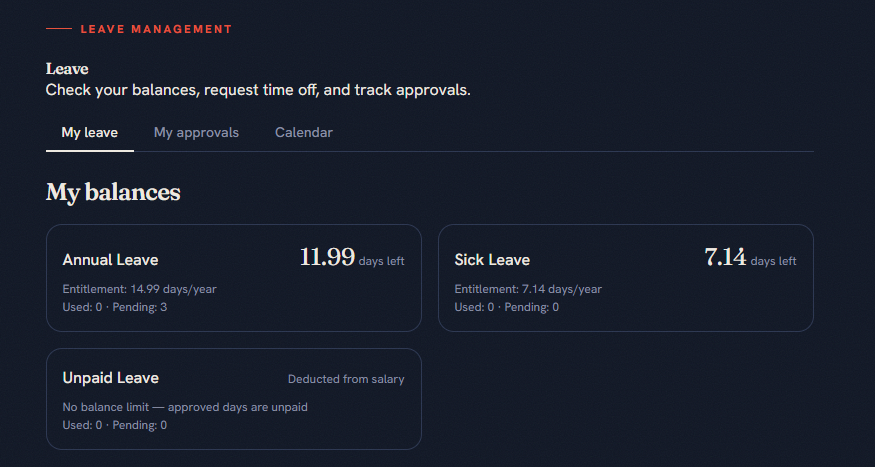 lvlst My leave screen showing annual and sick leave balances, entitlement, used and pending days, and unpaid leave