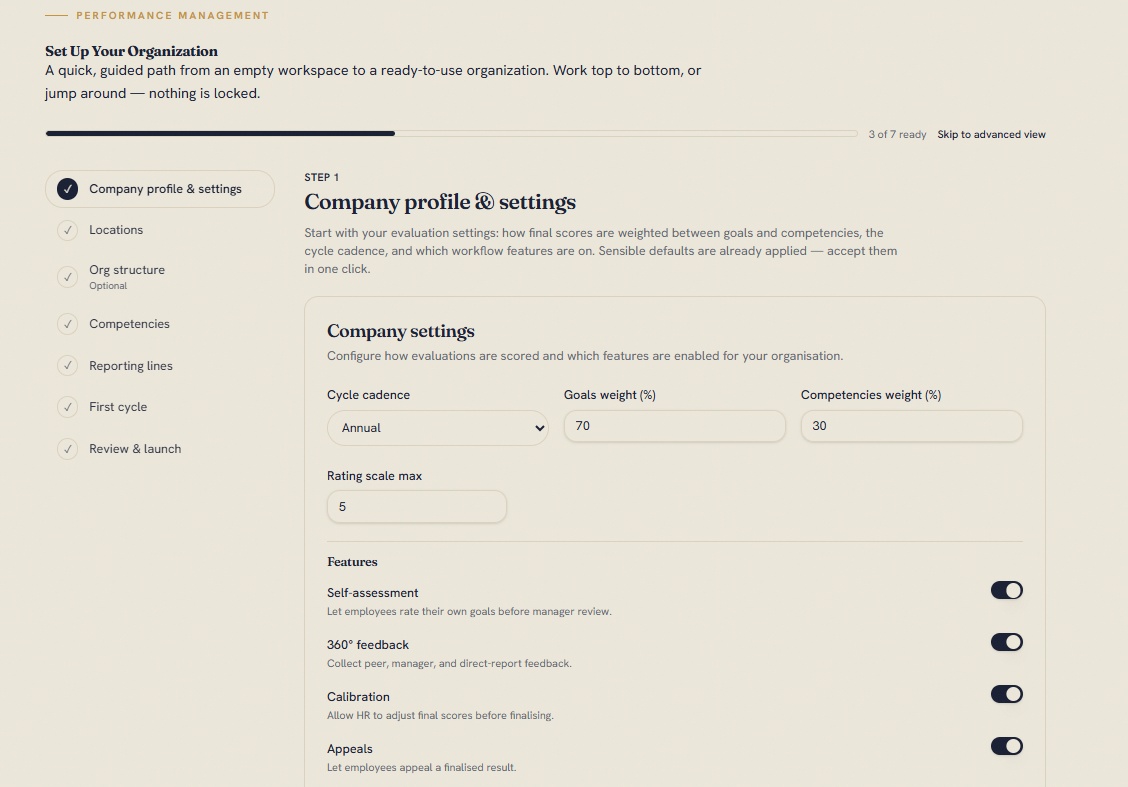 lvlst guided organization setup showing company settings, annual cycle cadence, goal and competency weights, and optional review features